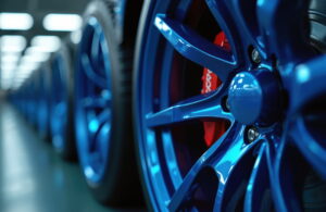 Close-up of vibrant blue car rims lined up in a row, highlighting glossy finish and sleek design. The setting conveys a modern, polished atmosphere.