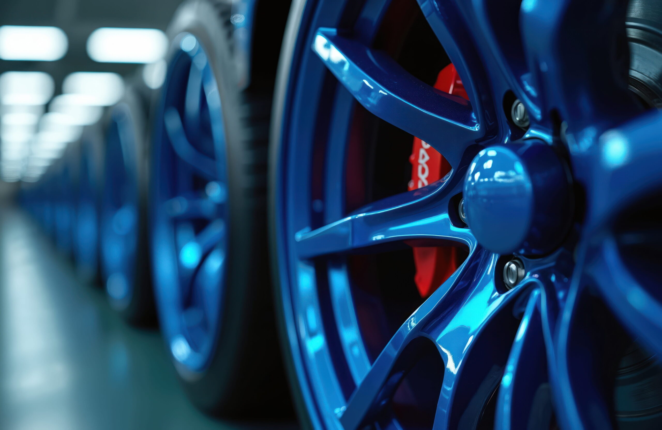 Close-up of vibrant blue car rims lined up in a row, highlighting glossy finish and sleek design. The setting conveys a modern, polished atmosphere.
